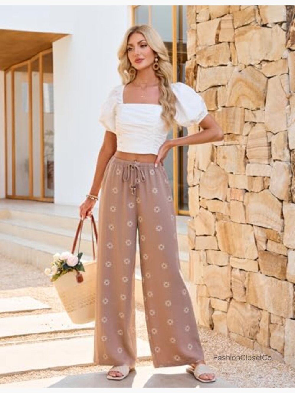 Wide Leg Palazzo Pants with Beaded Drawstring and Pockets - Picture 6 of 7